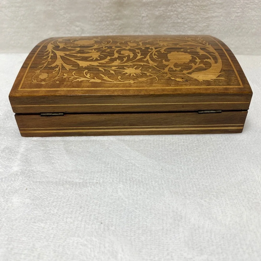 VTG Wooden Jewelry Trinket Box Intricate Floral Inlay Hinged Lidded Compartments
